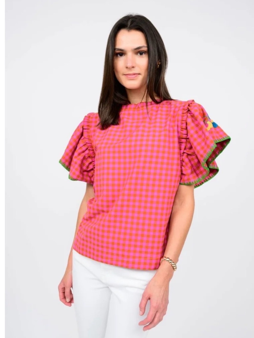Ivy Jane Boutique Gingham Embroidered Floral Puff-Sleeve Top - 100% cotton - XS